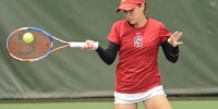 Sophomore Nicole Gibbs battled back from a 4-3 second-set deficit to beat Santa Clara's Katie Le 6-2, 6-4. Stanford had a near-perfect match against the Broncos, and didn't drop a single set in the early-morning Saturday matchup. (SIMON WARBY/The Stanford Daily)