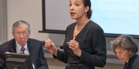 Economics Professor Caroline Hoxby, center, argued in favor of the Study of Undergraduate Education at Stanford (SUES) recommendation to mandate two classes in four breadth areas. (Courtesy of LInda A. Cicero/Stanford News Service)