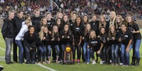 The No. 5 Stanford women's soccer team was honored at halftime of Saturday's football game for its 2011 national title, but more importantly for head coach Paul Ratcliffe and Co., the squad won both of its games this weekend. (SIMON WARBY/The Stanford Daily)
