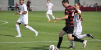 Freshman Aaron Kovar (above with ball) and the Stanford men's soccer team knocked off No. 25 UC-Santa Barbara on the road Friday night (AVI BAGLA/The Stanford Daily).