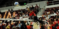 Freshman Inky Ajanaku (12) had a match-high 10 kills as the No. 1 Cardinal rolled rival Cal 3-0 in the final regular season match of the season.