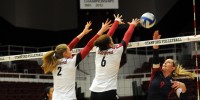 The No. 1 Stanford women's volleyball team's 22-match win streak ended Thursday night against No. 8 USC, but the Cardinal is still two games ahead in the Pac-12 with three matches left to play. (IAN GARCIA-DOTY/The Stanford Daily)