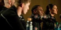 Stanford defensive coordinator Derek Mason (second from right) and several Cardinal defenders spoke to the media on Thursday. They emphasized stopping Doak Walker Award winner Montee Ball, who leads a Wisconsin attack that has posted the two biggest rushing games in college football this season. (DON FERIA/isiphotos.com)