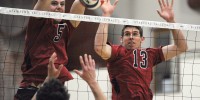 Juniors Brian Cook (left) and Eric Mochalski (right) played important roles in Stanford's thrilling comeback win against Pacific on Saturday. Cook led the team with a match-high 24 kills, and Mochalski chipped in with 10 kills and five blocks as the Cardinal beat the Tigers 3-2. (MICHAEL KHEIR/The Stanford Daily)