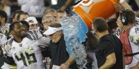 Oregon players shower head coach Chip Kelly in gatorade after the team's Fiesta Bowl victory on January 3, 2013.