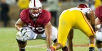 Though played most of his freshman season on the right side of the line, Andrus Peat has solidified his role as Stanford's starting left tackle for 2013 by dominating the Cardinal's first spring practice session. (DAVID BERNAL/isiphotos.com)