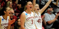 Sophomores Erica Payne (left) and Bonnie Samuelson (right), and redshirt Junior Mikaela Ruef (center) received Pac-12 All Academic honors along with juniors Toni Kokenis and Chiney Ogwumike. MIKE KHEIR/The Stanford Daily)