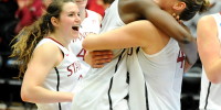 Senior forward Joslyn Tinkle (right) celebrates with junior forward Chiney Ogwumike (left) in her final game on campus. (MICHAEL KHEIR/The Stanford Daily)