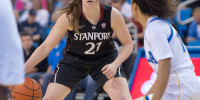 Junior Sara James, pictured in a win at UCLA last month, hit a career-high five threes on Friday night as Stanford advanced past Washington State in the Pac-12 Tournament Quarterfinals. (ROB ERICSON/StanfordPhoto.com)