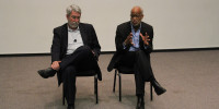 University Registrar Tom Black (left) and Vice Provost for Undergraduate Education Harry Elam fielded questions from students about the proposed class scheduling changes during a town hall-style meeting Wednesday evening. (AVI BAGLA/The Stanford Daily)