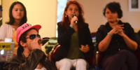The three ASSU Executive slates discussed their platforms April 9 at the CoHo during a debate moderated by the Editor-in-Chiefs of The Stanford Daily and The Stanford Review. (AVI BAGLA/The Stanford Daily)