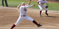 Senior pitcher Teagan Gerhart has recovered from a serious army injury in her freshman year to be currently third on Stanford's all-time innings pitched list, with 891.2 innings, and posting 99 victories. (RICK BALE/StanfordPhoto.com)