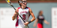 Sophomore midfielder Hannah Farr (above) and the Cardinal lacrosse team's season ended with a first-round loss to Notre Dame today (BOB DREBIN/stanfordphoto.com)